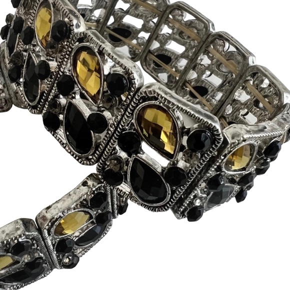 Silver Stretchy Bracelet Set with Black Yellow Gems - Picture 2 of 2